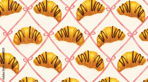 A repeating pattern of chocolate croissants on a pink lattice design background