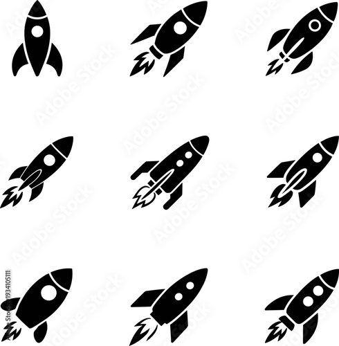 Rocket ship icon set, black silhouette space launch symbols, startup business growth concept, isolated flat vector illustration pack