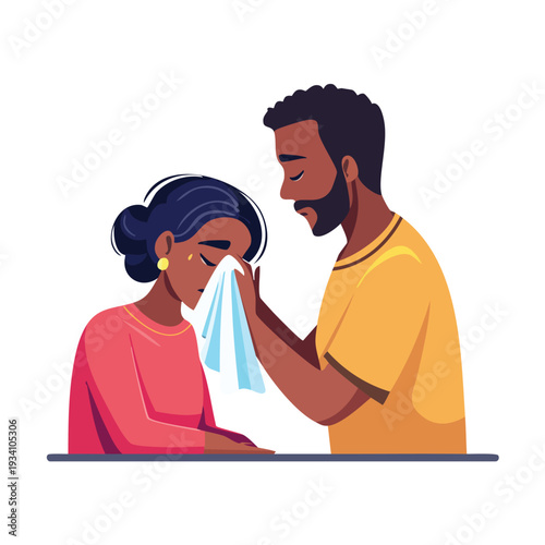 Man comforts woman wiping away tears flat illustration