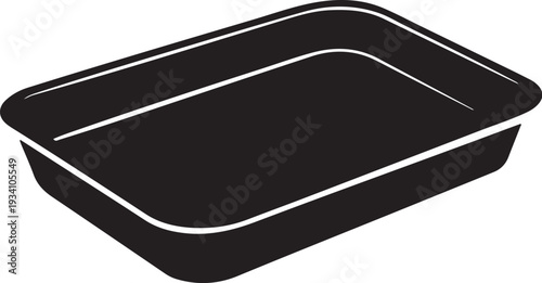 Black plastic rectangular food container with white outline