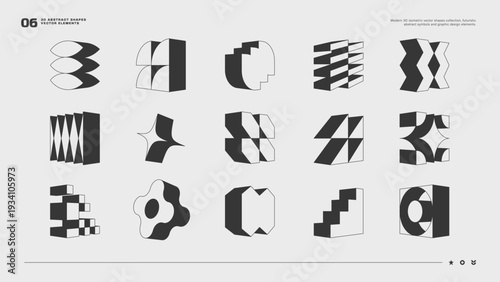 Modern 3D isometric vector shapes collection, futuristic abstract symbols and graphic design elements.