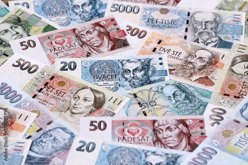 Wallpaper Mural Czech koruna money bills pile on table. Czech Republic banknotes of CZK currency close up. Torontodigital.ca