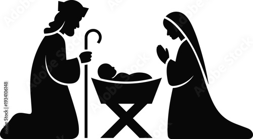 Nativity scene silhouette, holy family illustration, Joseph Mary Jesus, Christian religious art, Christmas theme, cultural heritage, black silhouette design