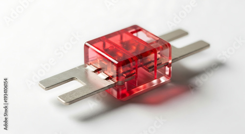 Red translucent electrical fuse with metal terminals on a white background, close-up shot