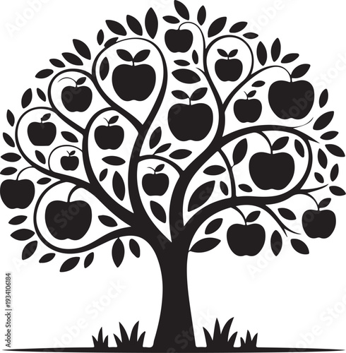 Black silhouette apple tree with leaves and grass white background
