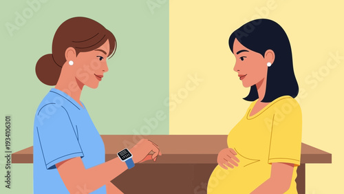 Healthcare professional and pregnant woman interacting at a desk in a clinical setting from a side viewpoint