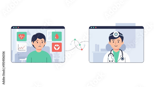A cartoon doctor and patient communicate through digital screens with medical data being exchanged between them online.
