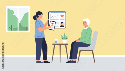 Healthcare professional discussing medical chart with senior patient in a calm clinic environment