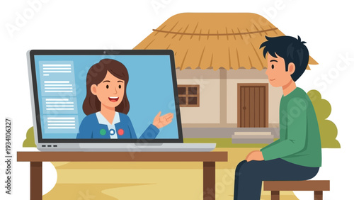 A young man sits on a stool watching a video call with a female presenter on a laptop outside a rural hut