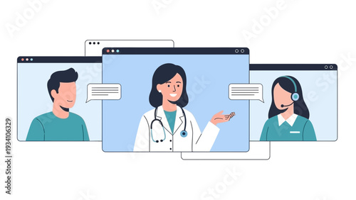 Doctor consulting patients remotely on multiple computer screens in a virtual meeting setting