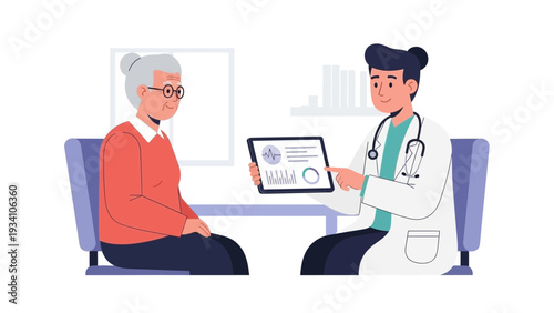 Doctor explaining medical test results to an elderly patient in a clinical setting