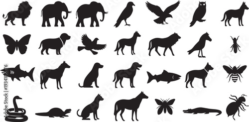 Animal silhouette collection wildlife bird insect fish mammal reptile domestic farm nature black icon set isolated illustration.