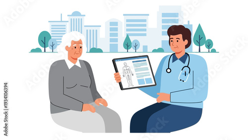 Doctor explaining medical report to senior patient sitting outdoors in urban environment