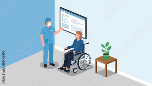 Healthcare professional assisting patient in wheelchair with digital information display in a clinical setting