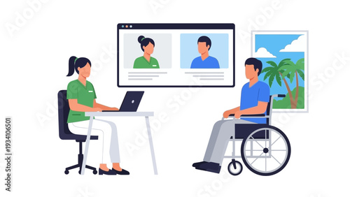 A woman works on a laptop while a man in a wheelchair participates in a video call with both of them on a large screen display