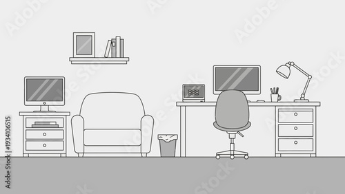A modern office setup with a desk, chair, and computer, featuring a comfortable armchair, with a minimalist aesthetic, from a frontal viewpoint.