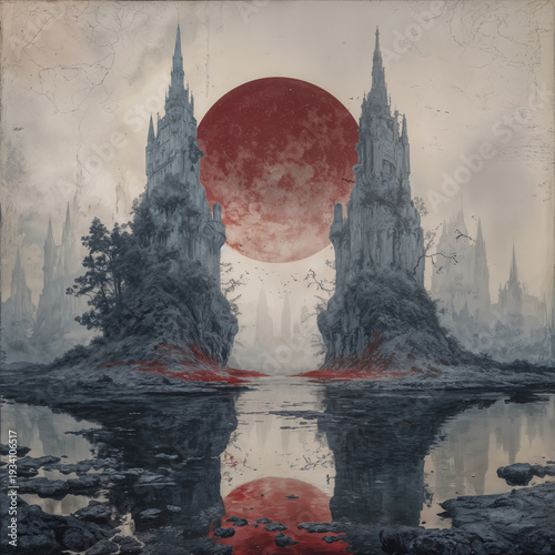 Fantasy Landscape with Majestic Towers Reflecting in Calm River Under Dramatic Red Full