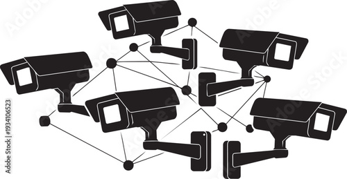 Connected CCTV surveillance cameras network security monitoring system technology digital protection infrastructure smart observation control safety data communication.