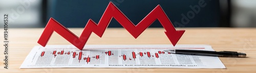 Wallpaper Mural market uncertainty, business risk concept, financial instability, Crisis Alert! Giant Red Arrow Smashes through Financial Newspaper, Symbolizing Stock Market Crash Headline Sensation Torontodigital.ca