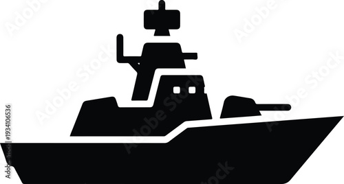 A black silhouette depicts a warship It has a superstructure a mast and a gun on deck