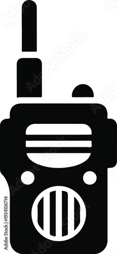 A black simplified illustration of a walkietalkie It has a rounded antenna and speaker