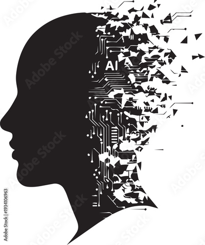 Artificial intelligence human head silhouette with digital circuit fragments technology brain concept machine learning innovation futuristic tech illustration.