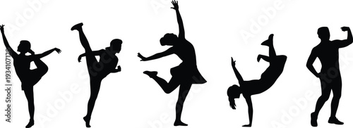 Dance silhouettes, gymnastic poses, expressive movement, athletic balance, dynamic action, artistic performance, fitness illustration, black silhouettes, white background design