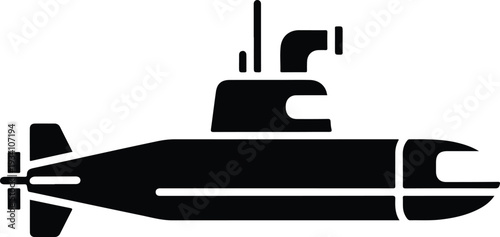A black submarine illustration It has a tall mast a curved vent and a propeller