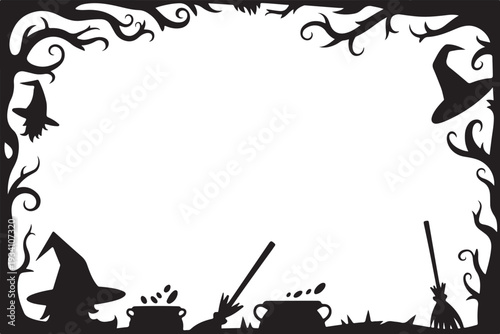 Black silhouette frame with witches hats and cauldrons