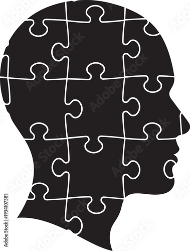 Human head silhouette made of puzzle pieces representing psychology thinking mental health intelligence memory cognition and problem solving concept.