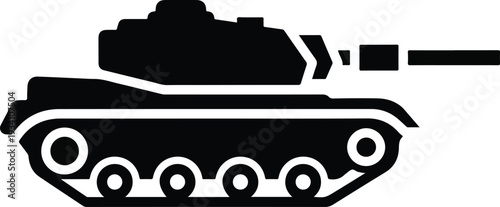 A black tank silhouette with a rectangular body turret and barrel It has wheels and tracks