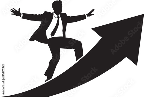 Businessman climbing upward arrow silhouette representing business growth success progress career achievement leadership ambition motivation and financial development concept.