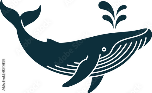 A large whale swims in the ocean with water splashing out