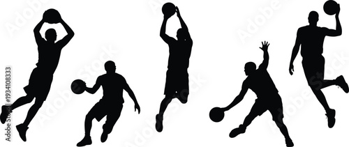 Basketball player silhouettes, dynamic action poses, dribbling, dunking, shooting, sports illustration, athletic movement, competitive game, white background design