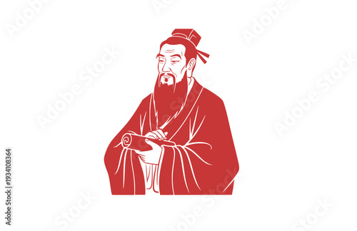 Confucius Chinese Philosopher Silhouette, Eastern Philosophy History Vector Sticker, Ancient Scholar and Teacher Icon