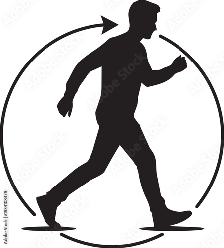 Man walking in circular arrow loop silhouette symbolizing routine repetition cycle habit lifestyle productivity and daily activity concept.