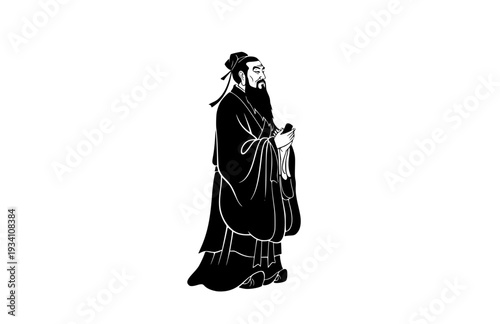 Confucius Chinese Philosopher Silhouette, Eastern Philosophy History Vector Sticker, Ancient Scholar and Teacher Icon