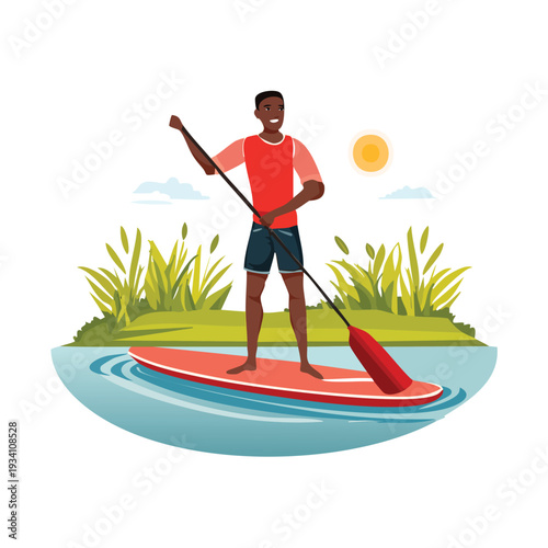 Man paddle boarding on water sunny day