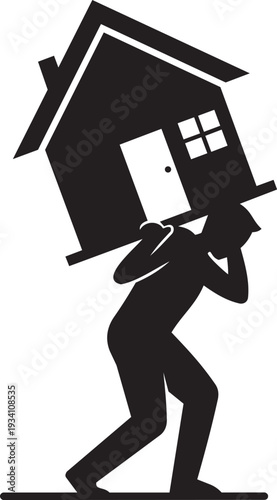 Man carrying house on shoulders silhouette representing mortgage burden housing cost financial pressure property ownership concept.