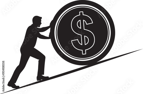 Man pushing large dollar coin uphill silhouette representing financial struggle debt pressure economic challenge and business effort concept.
