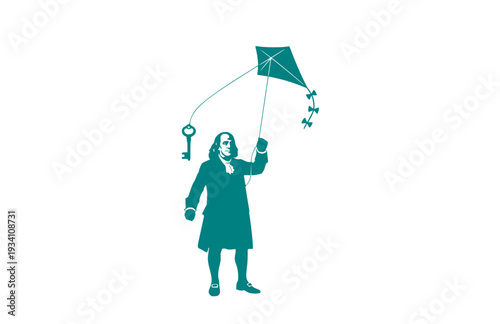 Benjamin Franklin with Kite and Key Silhouette, American History Vector Sticker, Inventor and Founding Father STEM Icon