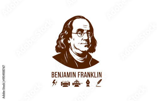 Benjamin Franklin with Kite and Key Silhouette, American History Vector Sticker, Inventor and Founding Father STEM Icon