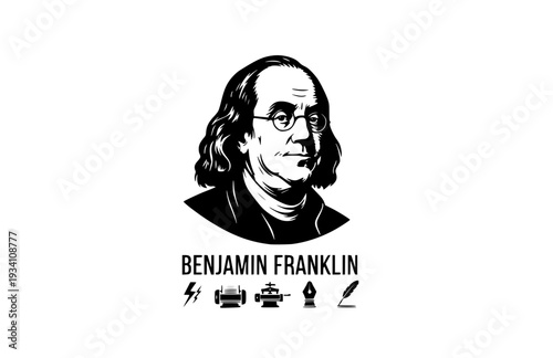 Benjamin Franklin with Kite and Key Silhouette, American History Vector Sticker, Inventor and Founding Father STEM Icon