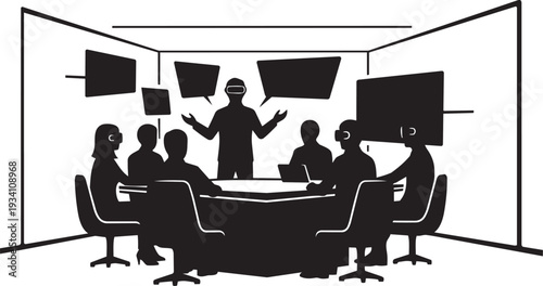 Business meeting with virtual reality presentation silhouette showing team collaboration technology discussion innovation workplace strategy concept.