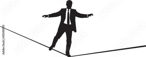 Businessman balancing on tightrope silhouette representing risk management leadership decision making challenge strategy and business stability concept.