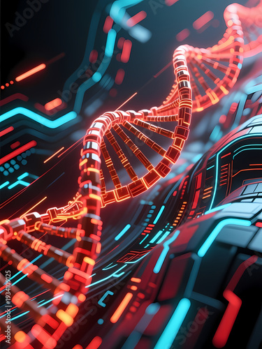 Wallpaper Mural A striking red DNA helix gracefully twists through a high-tech environment. Neon blue accents illuminate the circuitry, creating an energetic visual blend of science and art Generative AI Torontodigital.ca