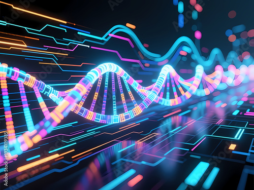 Wallpaper Mural Strands of DNA swirl in a lively display of colors against a dark background, reflecting the beauty of genetics intertwined with modern technology in a dazzling spectacle Generative AI Torontodigital.ca