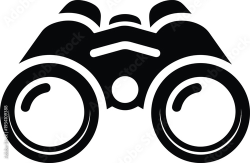 Black and white graphic of binoculars Two circular lenses central adjustment and flared sides