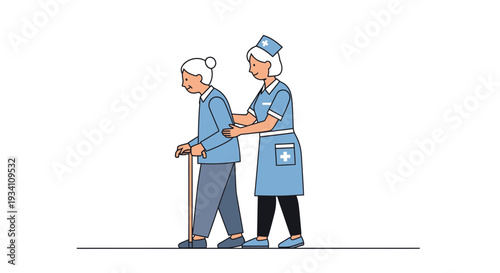 Nurse Helping Elderly Woman With Cane Walk
