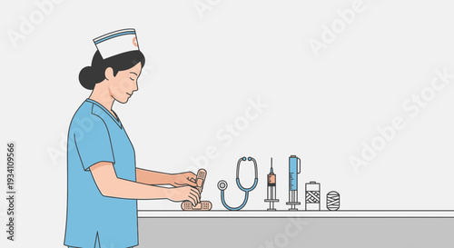 Nurse Preparing Medical Supplies with Syringe, Stethoscope, and Bandages